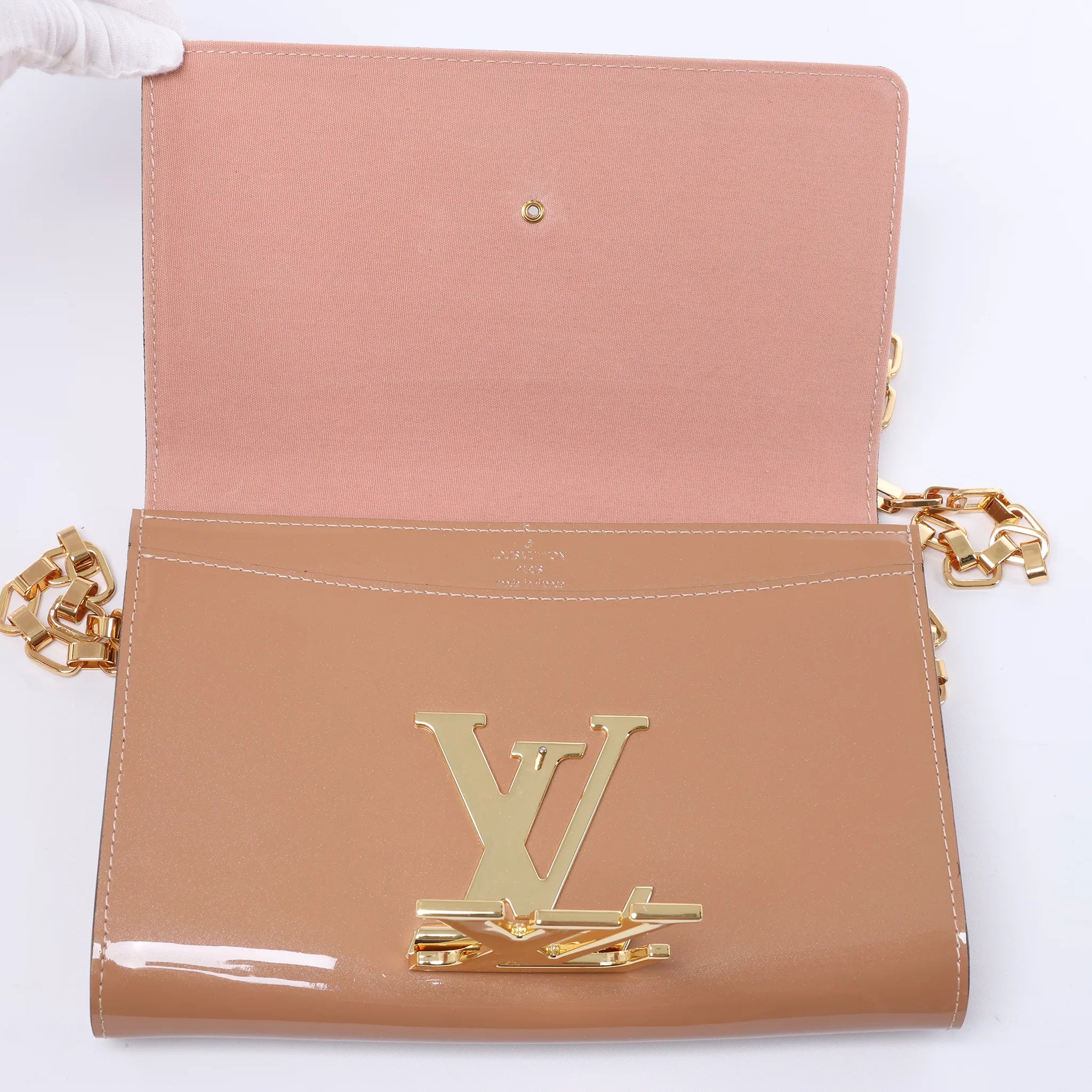 Louis Vuitton Louise Rose Velours Monogram Vernis Chain Clutch in Beige