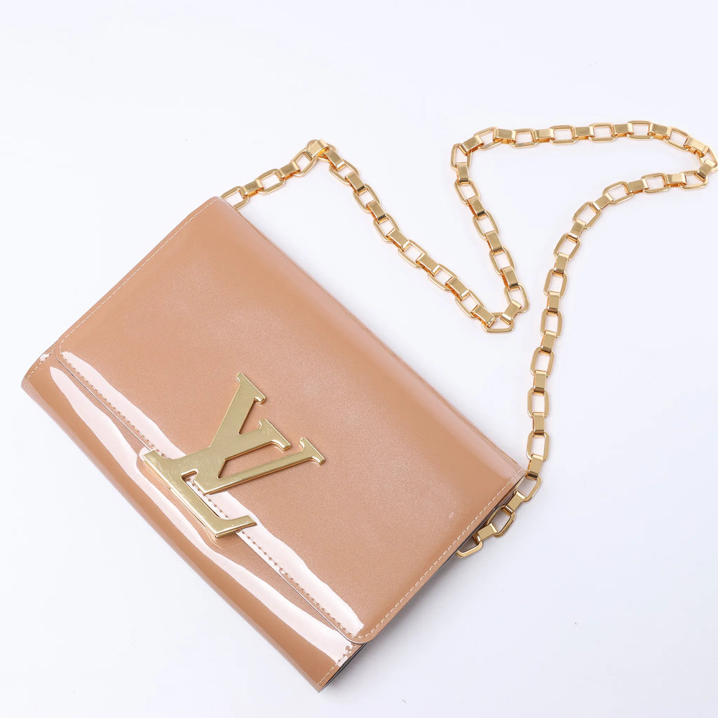Louis Vuitton Louise Rose Velours Monogram Vernis Chain Clutch in Beige