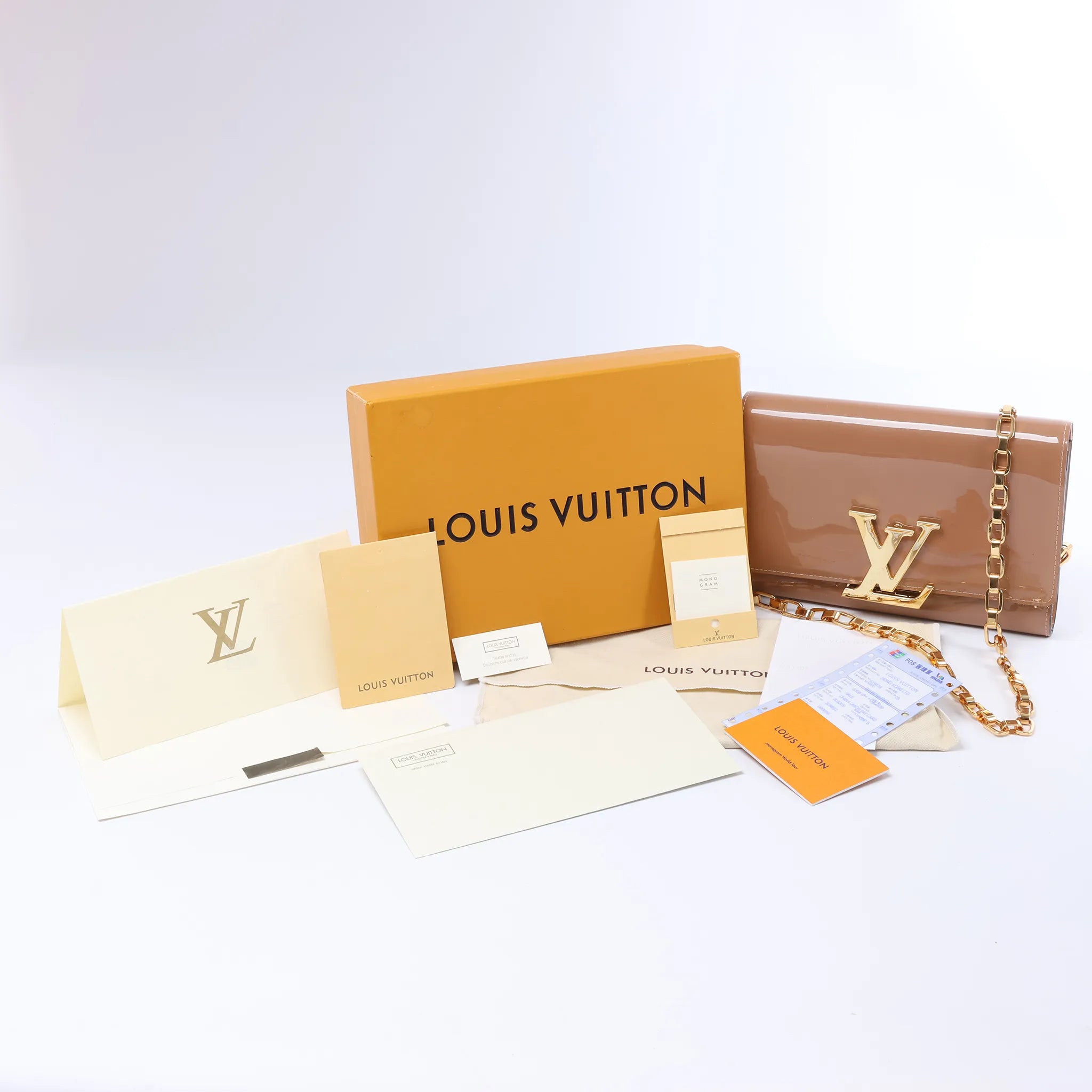 Louis Vuitton Louise Rose Velours Monogram Vernis Chain Clutch in Beige