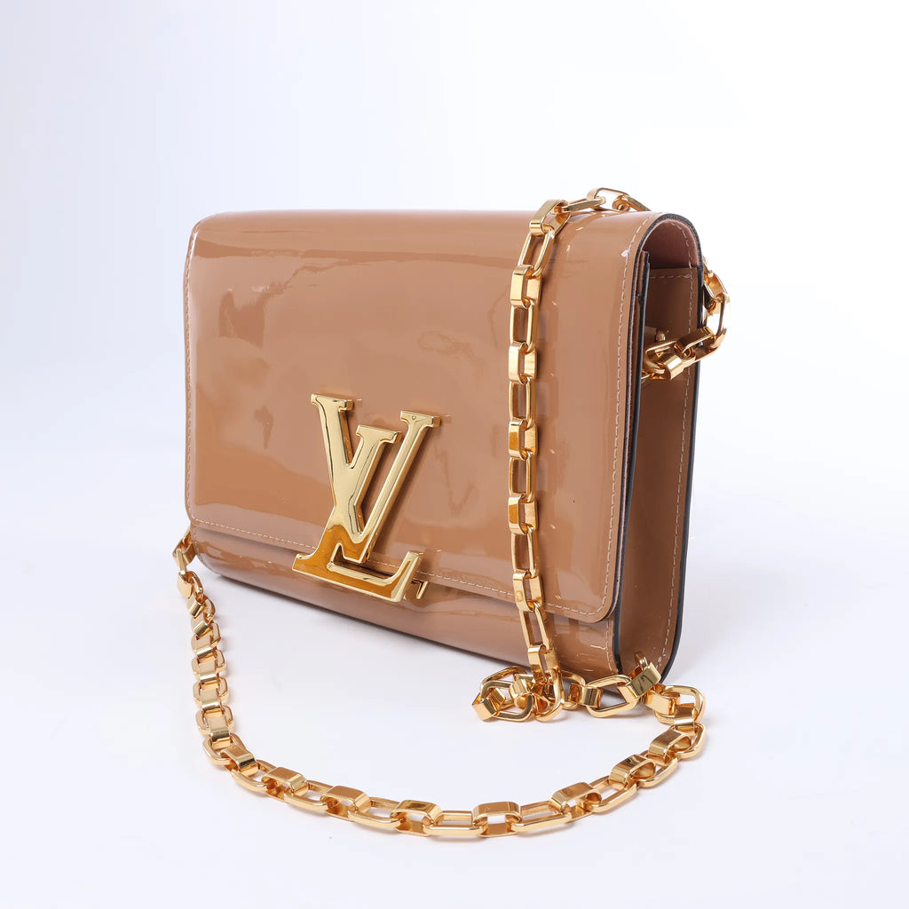 Louis Vuitton Louise Rose Velours Monogram Vernis Chain Clutch in Beige