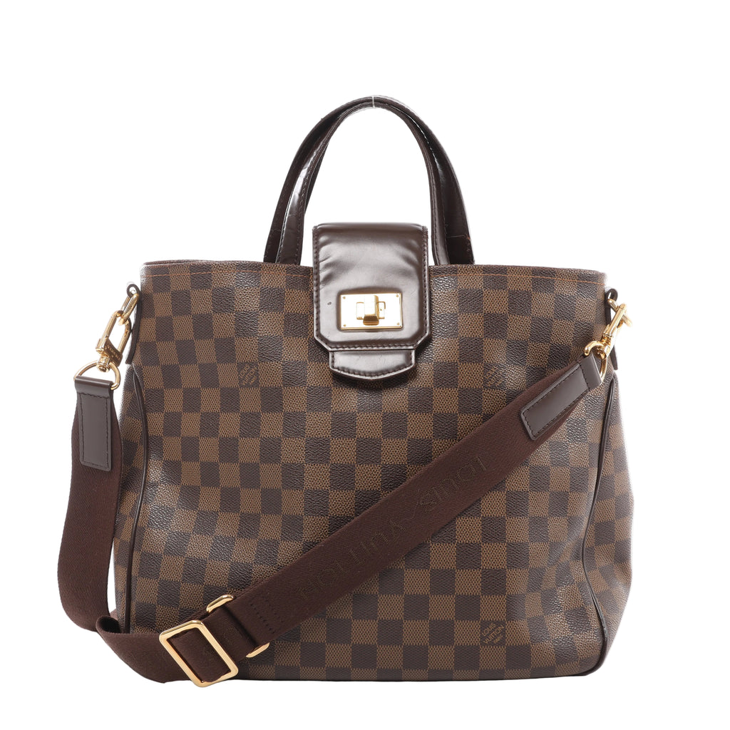Louis Vuitton Cabas Rosebery bag in brown Damier Ebene canvas with dark leather handles, a gold-tone turn-lock and a brown shoulder strap across the front.