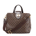 Louis Vuitton Cabas Rosebery bag in brown Damier Ebene canvas with dark leather handles, a gold-tone turn-lock and a brown shoulder strap across the front.