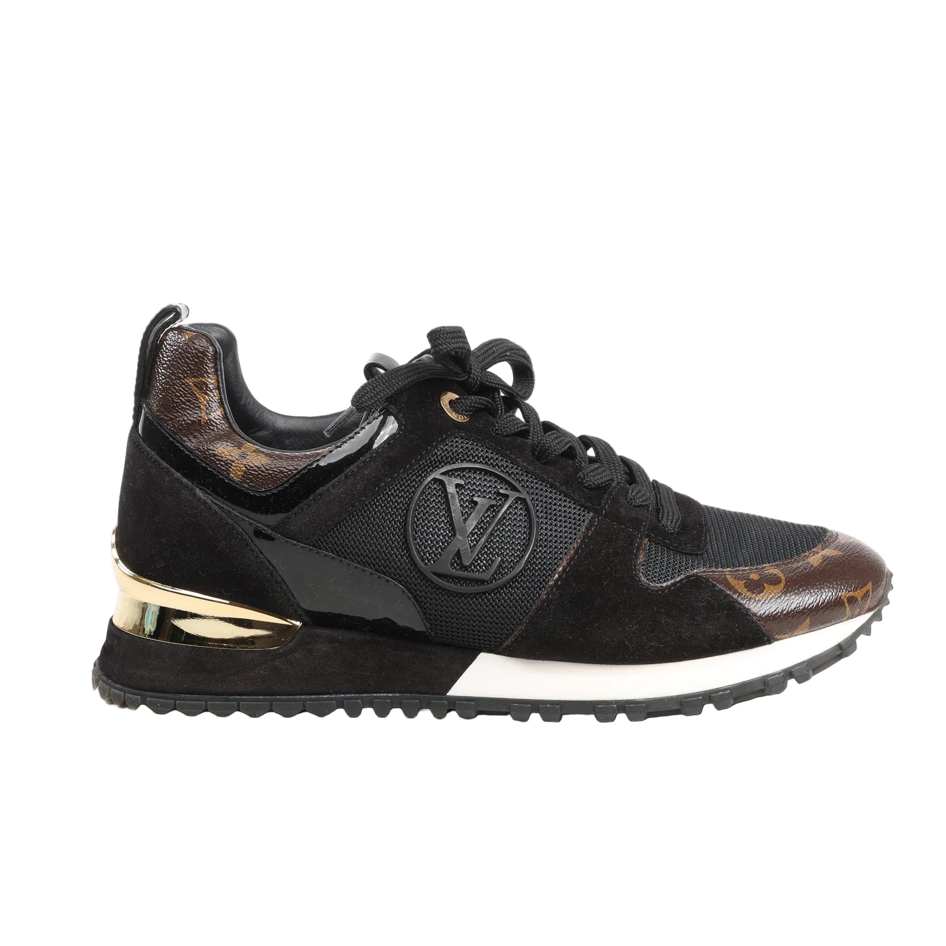 Louis Vuitton Runaway Line 17 sneakers in black mesh with suede overlays, monogram canvas toe and heel details, gold-tone heel accent, and LV logo patch, shown in size 38 EU.