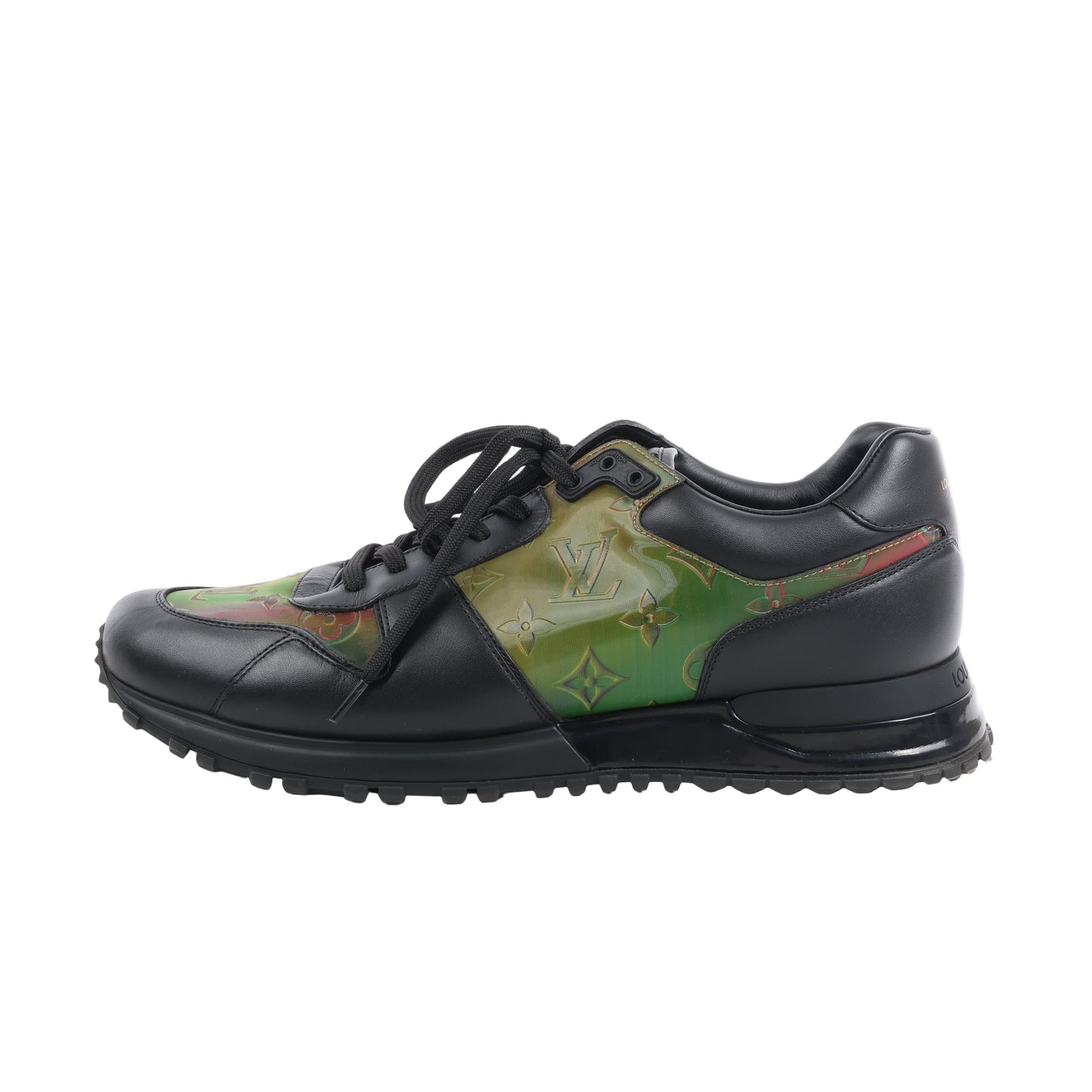Louis Vuitton Runaway Line 20 Years men's sneaker in size 45 EU, featuring black leather and multicolor monogram rainbow fabric with LV logo, black laces, and rugged rubber sole.