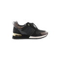 Side view of Louis Vuitton Run Away sneaker in black mesh and suede with LV logo panel, brown Monogram leather accents, and gold-tone heel detail.
