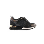 Side view of Louis Vuitton Run Away sneaker in black mesh and suede with LV logo panel, brown Monogram leather accents, and gold-tone heel detail.