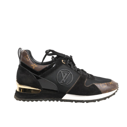 Louis Vuitton Runaway Line 2021 sneakers in black mesh and suede with Monogram canvas accents, gold heel detail, and LV logo, size 40.5 EU.