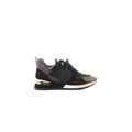 Louis Vuitton Run Away black mesh and suede sneaker with LV logo detail, brown Monogram accents, and gold-tone heel insert, side view on white background.