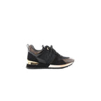Louis Vuitton Run Away black mesh and suede sneaker with LV logo detail, brown Monogram accents, and gold-tone heel insert, side view on white background.