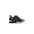 Louis Vuitton Run Away black mesh and suede sneaker with LV logo detail, brown Monogram accents, and gold-tone heel insert, side view on white background.