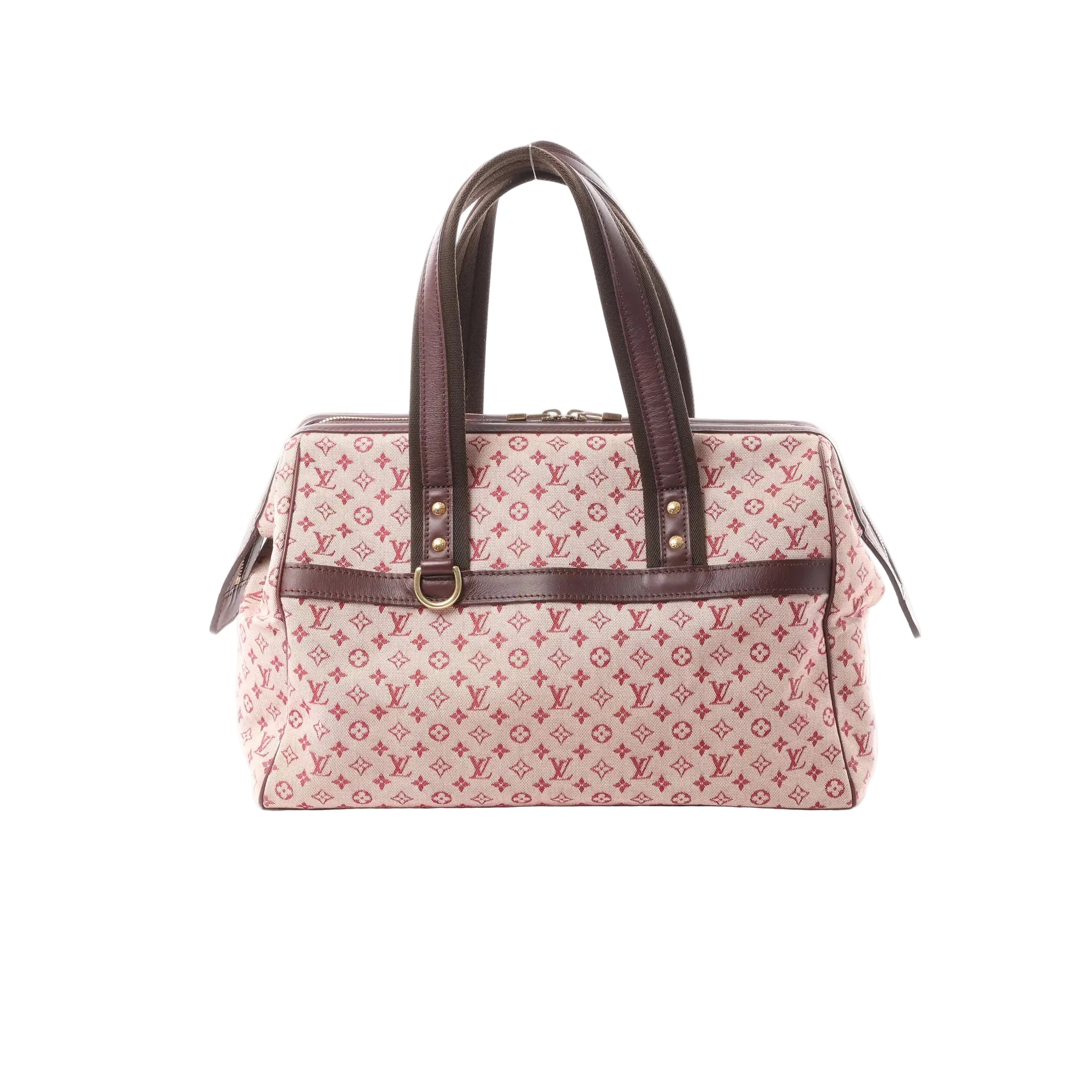 Louis Vuitton Josephine Mini handbag in pink monogram linen with dark brown leather top handles, leather trim, zip-top closure, and gold-tone hardware.