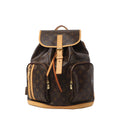Brown Louis Vuitton Bosphore Monogram canvas backpack with tan leather trim, buckled flap, two front zip pockets and gold-tone hardware.