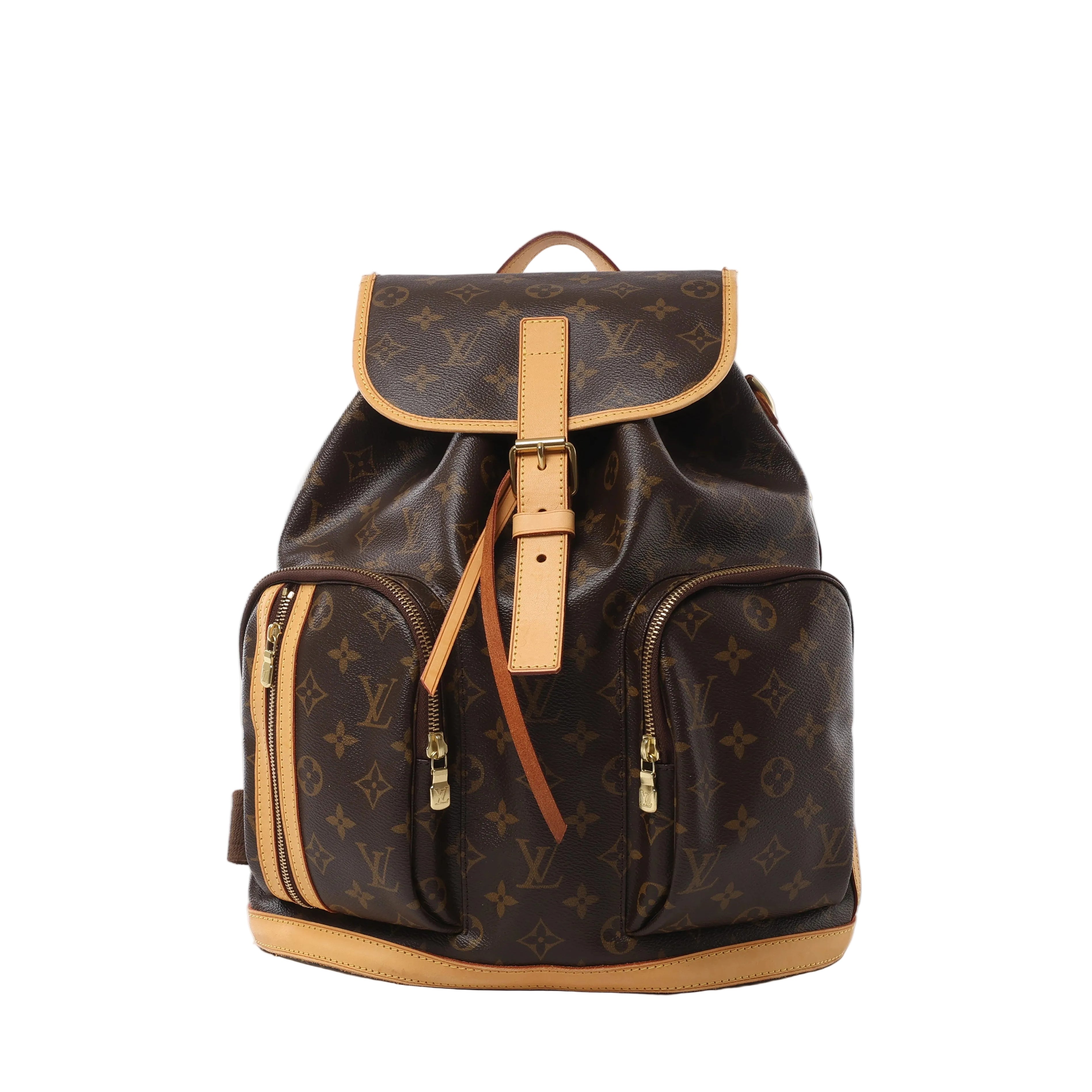 Brown Louis Vuitton Bosphore Monogram canvas backpack with tan leather trim, buckled flap, two front zip pockets and gold-tone hardware.