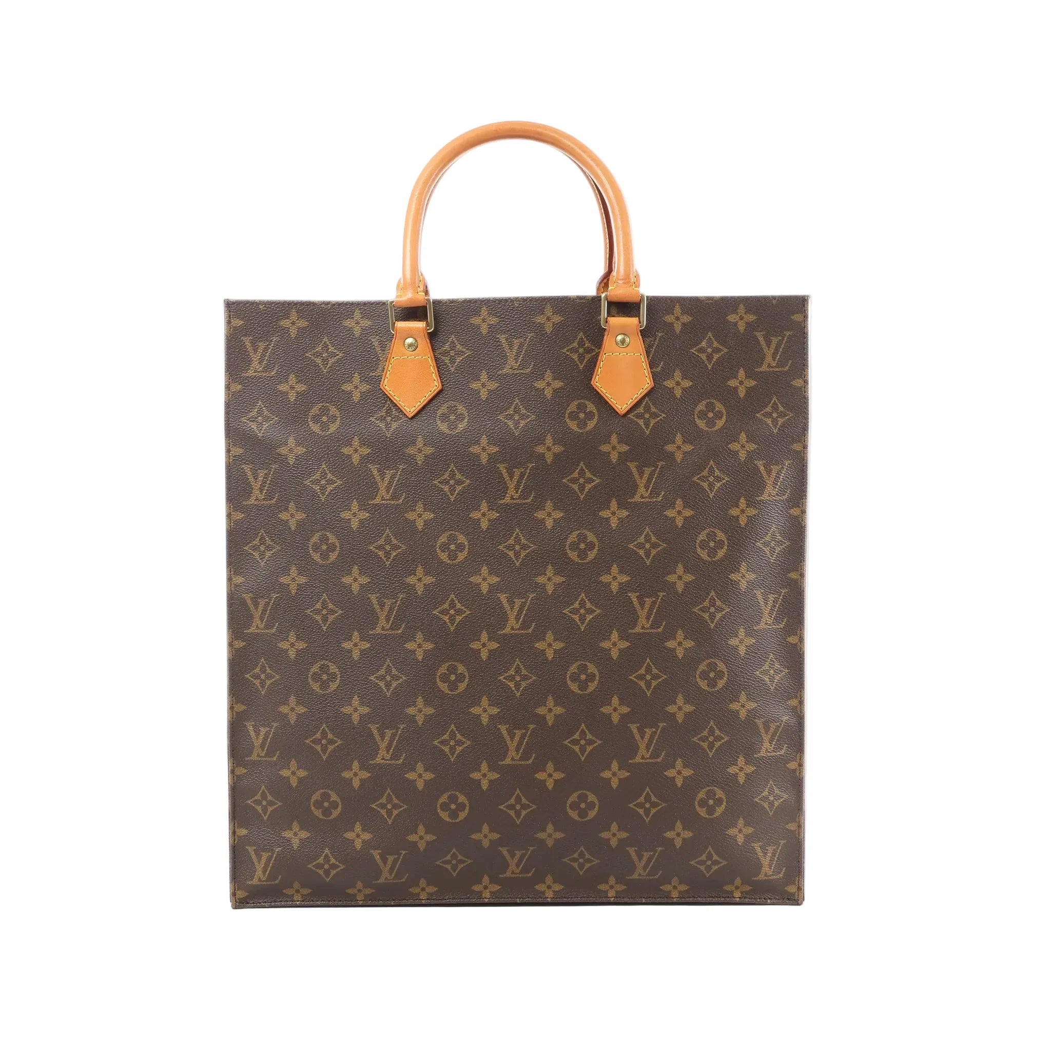 Louis Vuitton Sac Plat tote in brown Monogram canvas with tan leather top handles and gold-tone handle tabs.