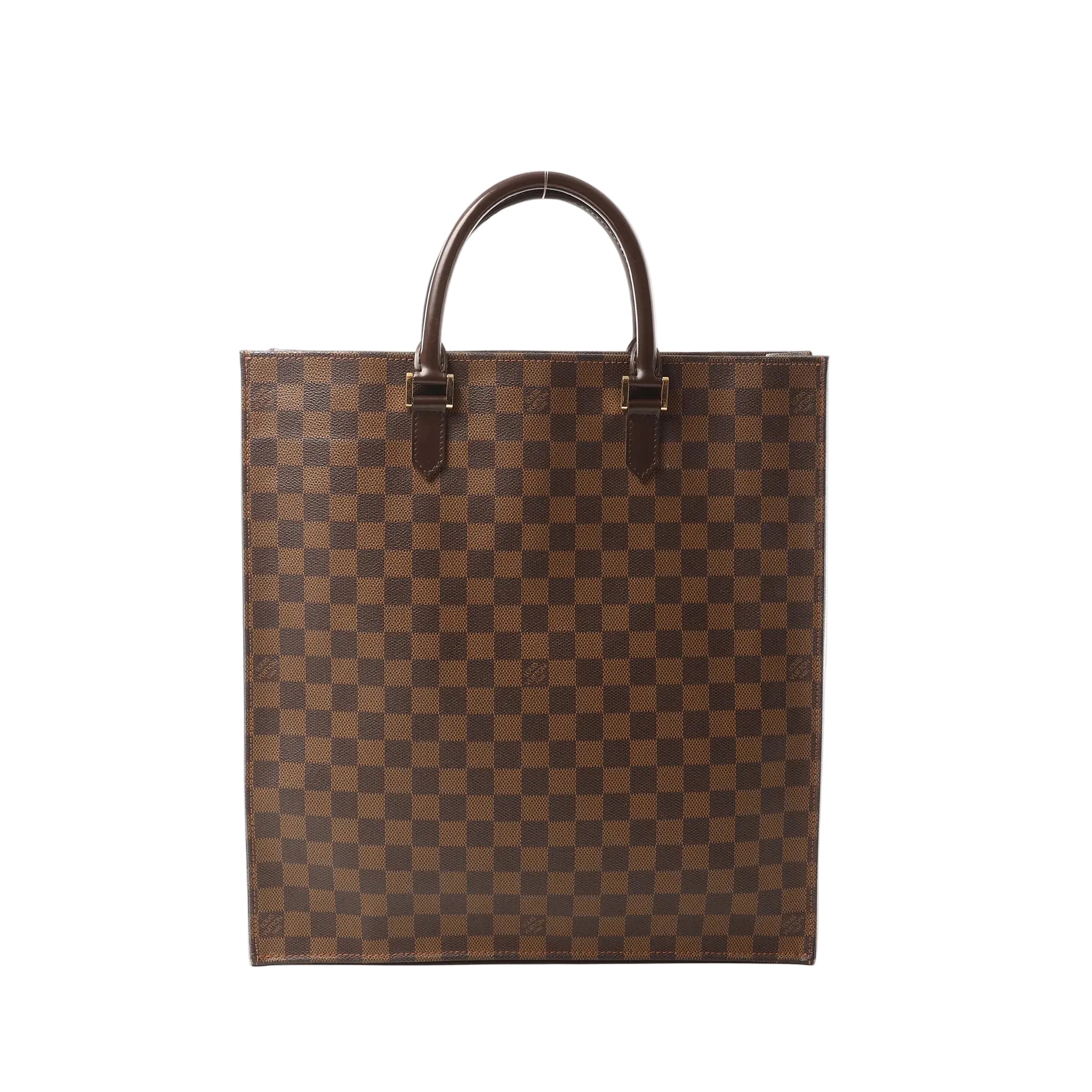 Louis Vuitton Sac Plat tote in brown Damier Ebene check canvas with dark leather top handles and gold-tone hardware, shown on a white background.