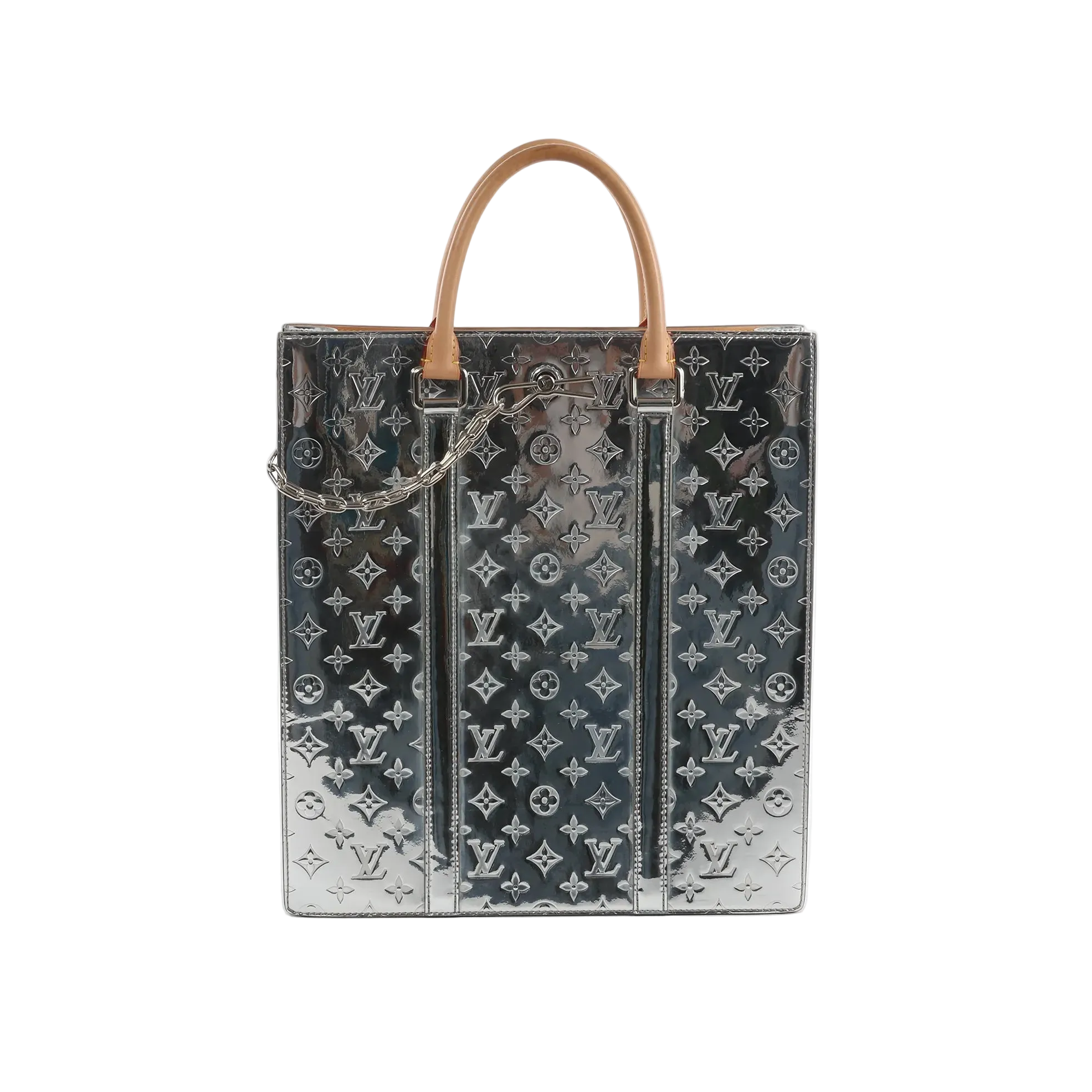 Louis Vuitton Sac Plat tote in reflective silver Monogram Mirror with tan top handles, embossed LV monogram pattern, and a silver chain detail on the front.