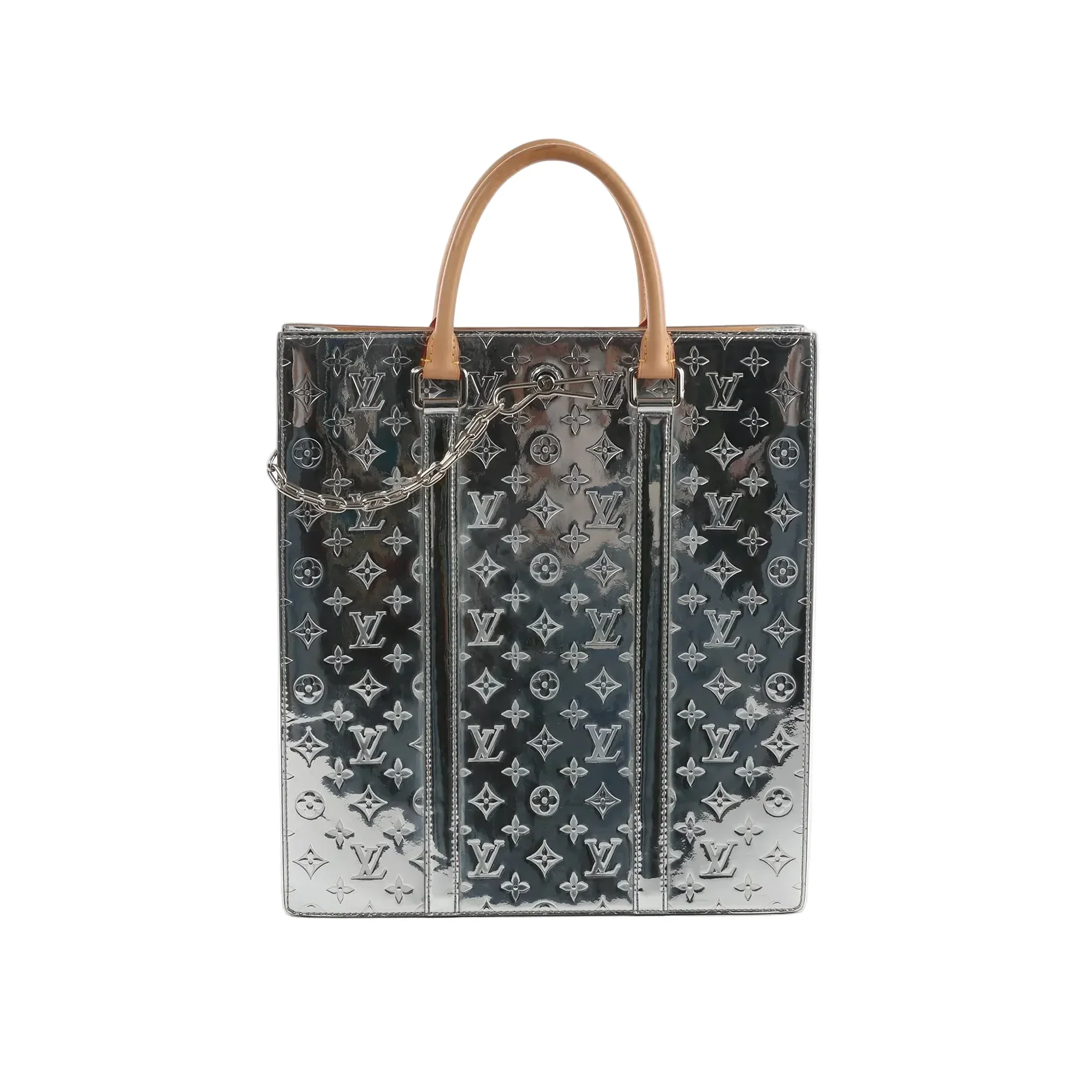 Louis Vuitton Sac Plat tote in reflective silver Monogram Mirror with tan top handles, embossed LV monogram pattern, and a silver chain detail on the front.