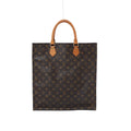 Front view of a tall brown Louis Vuitton Sac Plat Monogram canvas tote bag with two tan leather top handles on a white background.