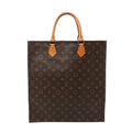 Front view of a brown Louis Vuitton Sac Plat handbag with Monogram canvas, tan rolled leather top handles and gold-tone handle fittings.