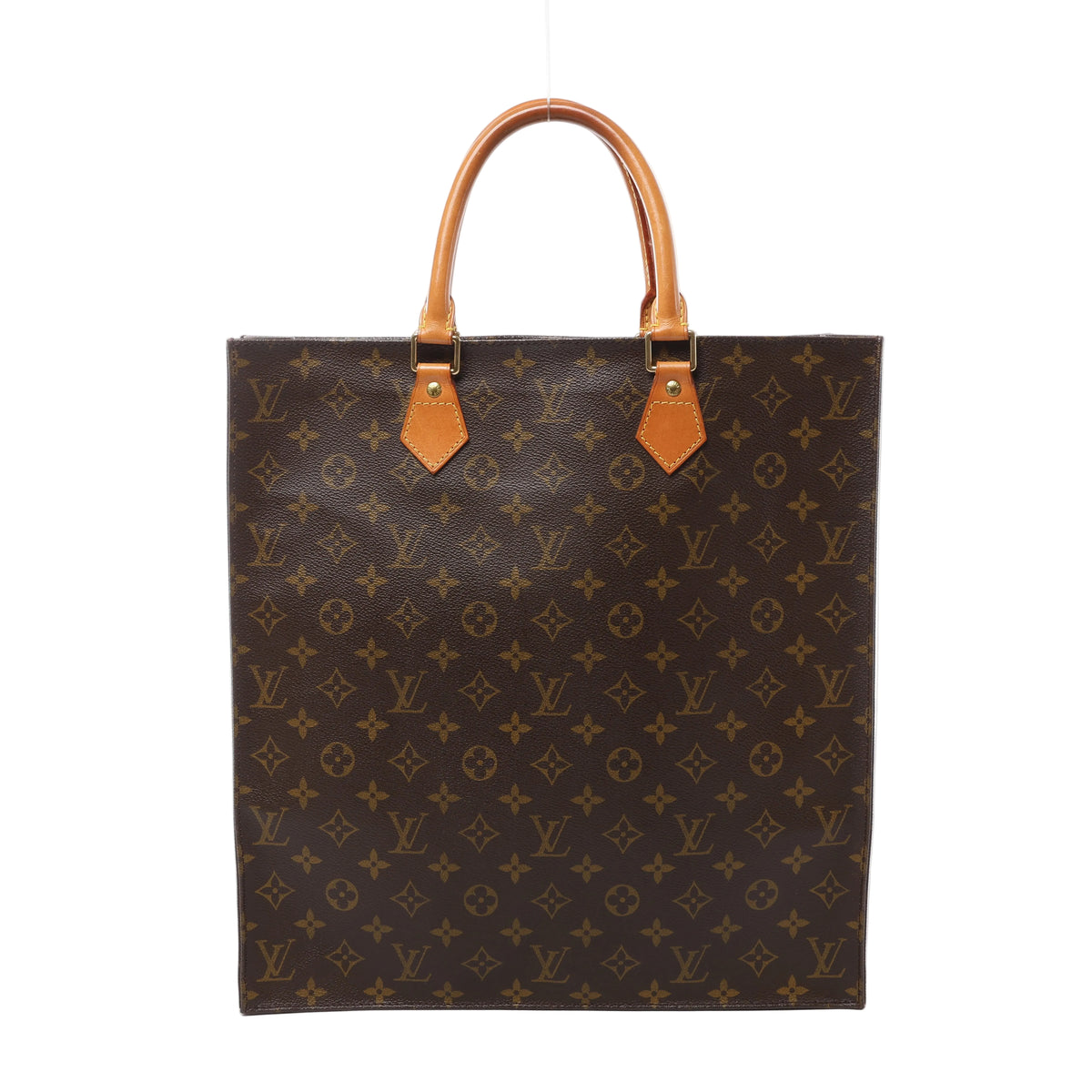 Front view of a brown Louis Vuitton Sac Plat handbag with Monogram canvas, tan rolled leather top handles and gold-tone handle fittings.