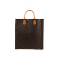 Brown Louis Vuitton Sac Plat Monogram canvas handbag with tan leather top handles, gold-tone rivets and a rectangular silhouette.