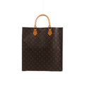 Brown Louis Vuitton Sac Plat Monogram canvas handbag with tan leather top handles, gold-tone rivets and a rectangular silhouette.