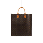 Brown Louis Vuitton Sac Plat Monogram canvas handbag with tan leather top handles, gold-tone rivets and a rectangular silhouette.
