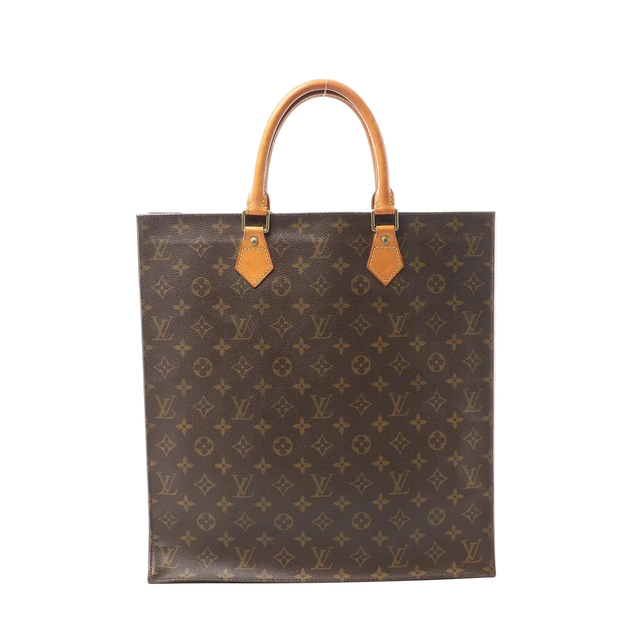 Louis Vuitton Sac Plat tote in brown Monogram canvas with vachetta leather top handles and gold-tone hardware, shown front view.