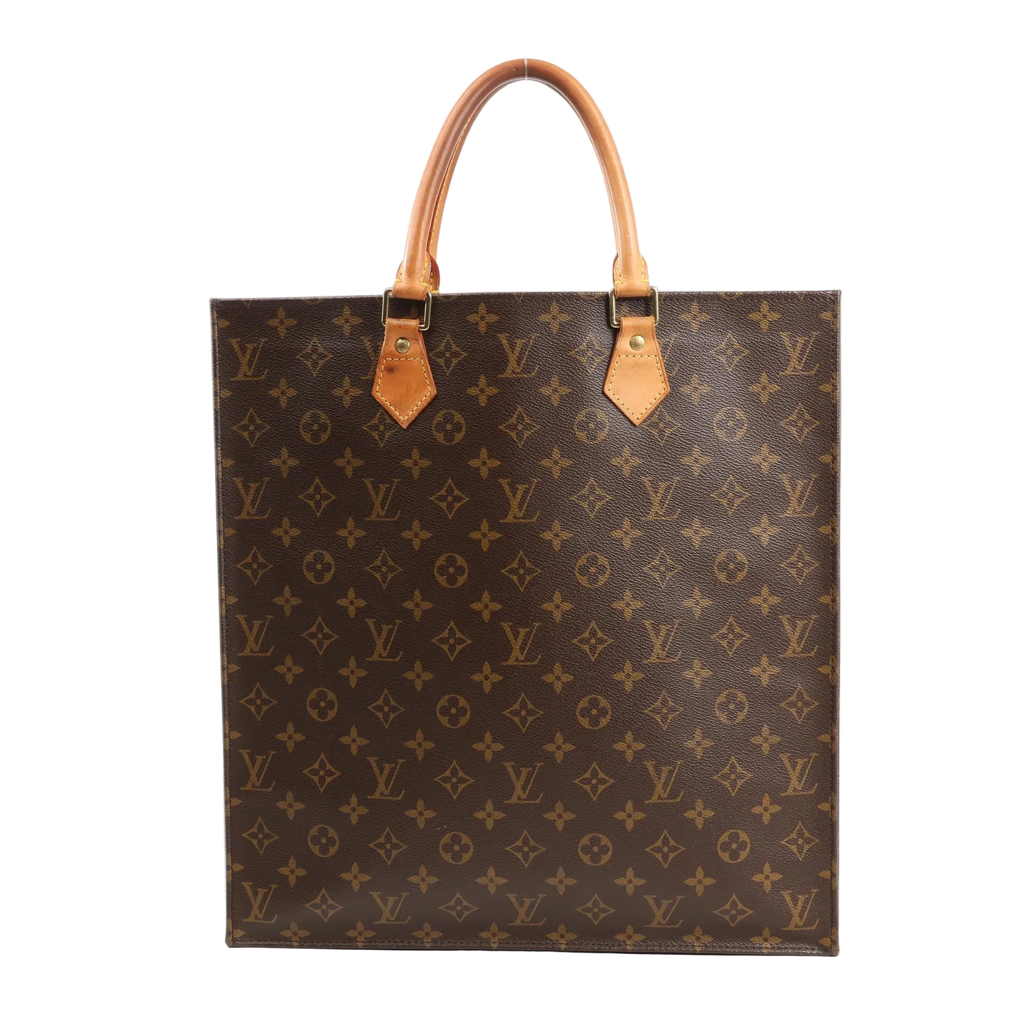 Front view of the Louis Vuitton Sac Plat GM handbag M51140 in brown Monogram canvas, featuring dual natural leather top handles and gold-tone hardware.