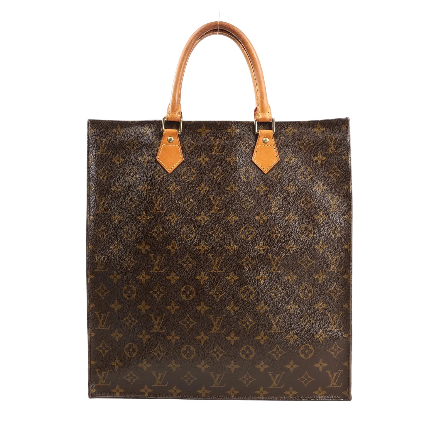 Louis Vuitton Sac Plat GM tote bag M51140 in brown Monogram canvas, featuring a rectangular structured shape, natural leather top handles, and signature LV monogram pattern throughout.
