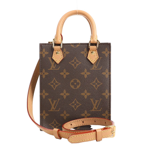 Louis Vuitton Sac Plat Petit M69442 handbag in brown Monogram Canvas featuring natural Vachetta leather top handles, gold-tone hardware, and a detachable, adjustable leather shoulder strap for 2-way wear.