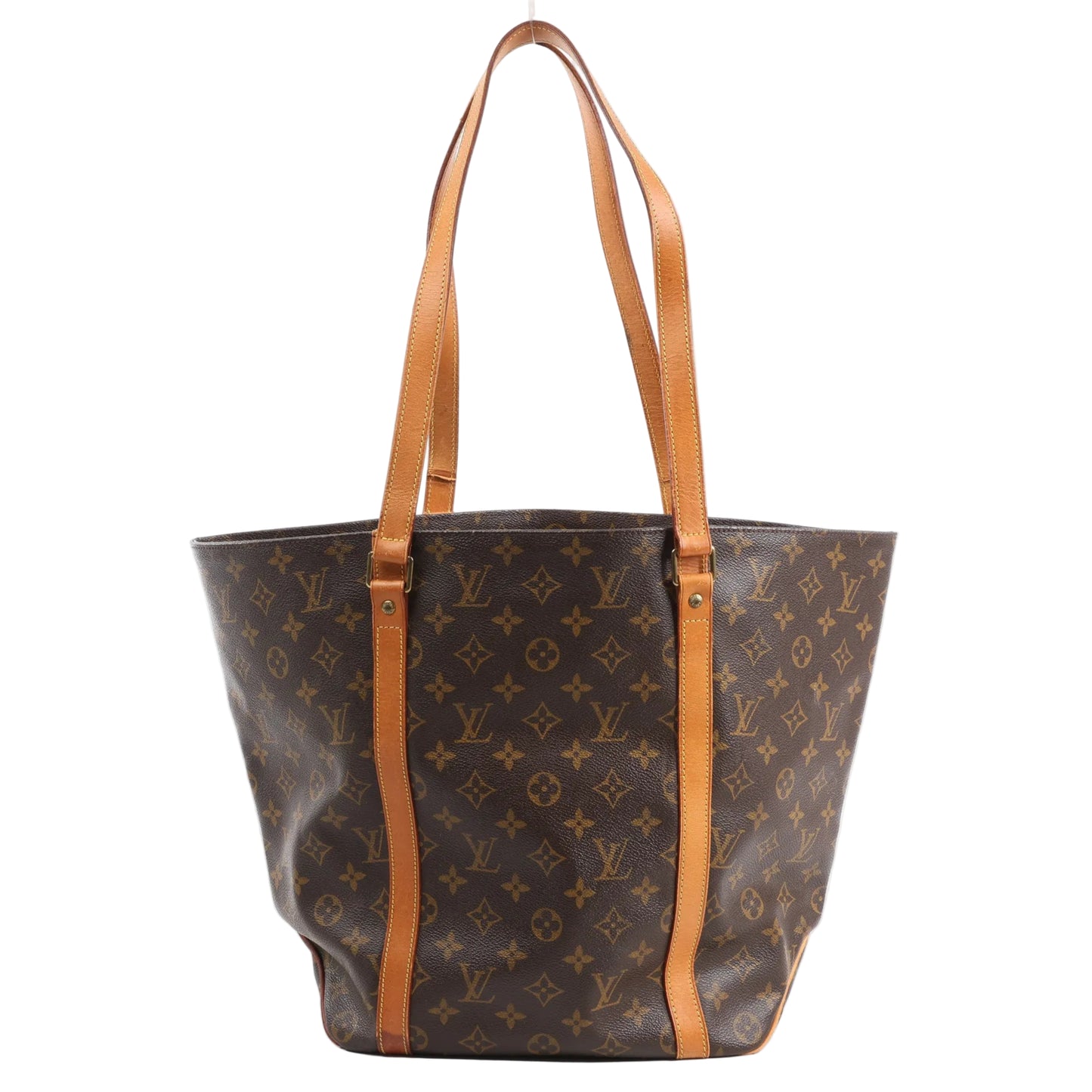 Louis Vuitton Monogram Sac Shopping Shoulder Bag M51108 in classic brown Monogram canvas with natural leather trim and dual long shoulder straps, shown upright against a white background.