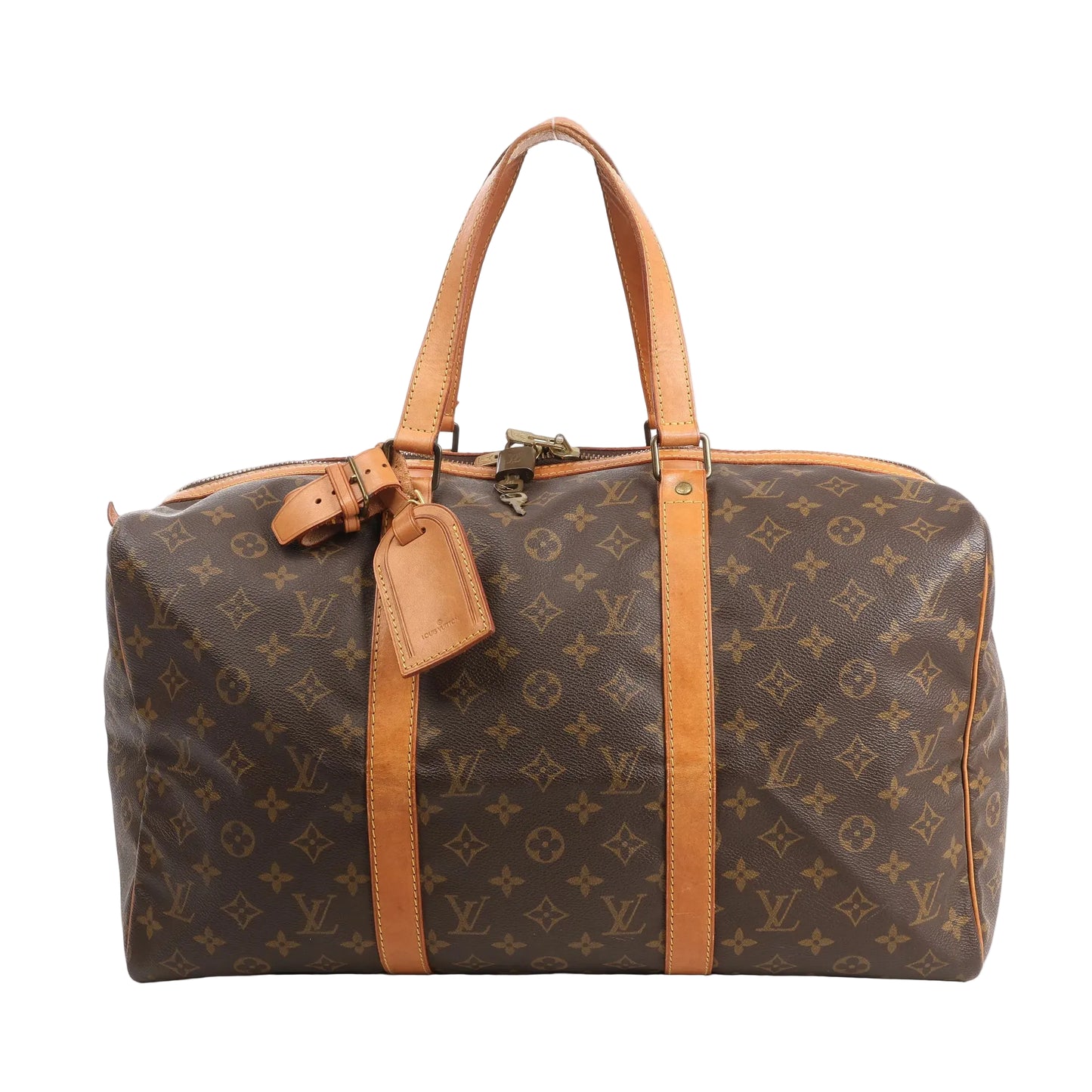 Front view of a Louis Vuitton Sac Souple 45 travel bag in brown Monogram canvas with natural leather trim, dual rolled handles, luggage tag, and gold-tone hardware.