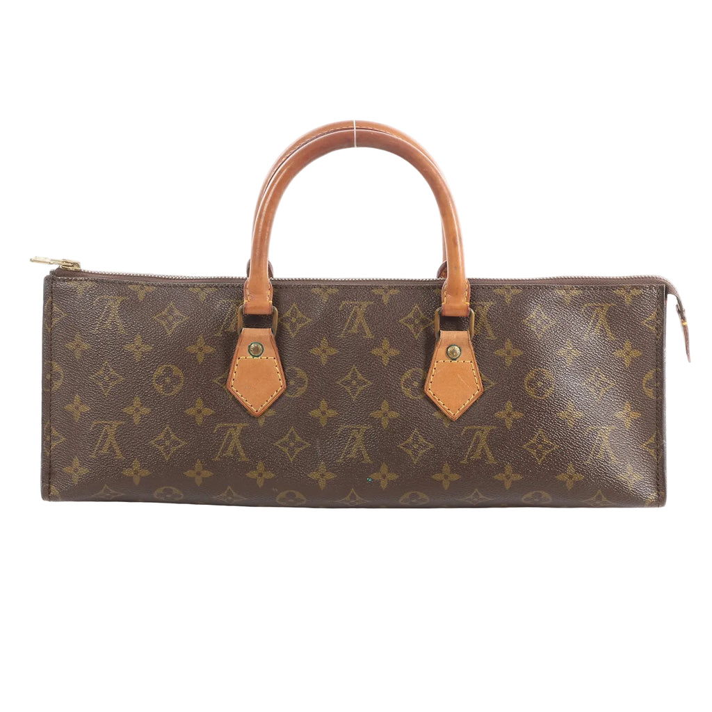 Louis Vuitton Sac Triangle brown monogram canvas handbag with zip-top closure and two natural leather top handles on white background
