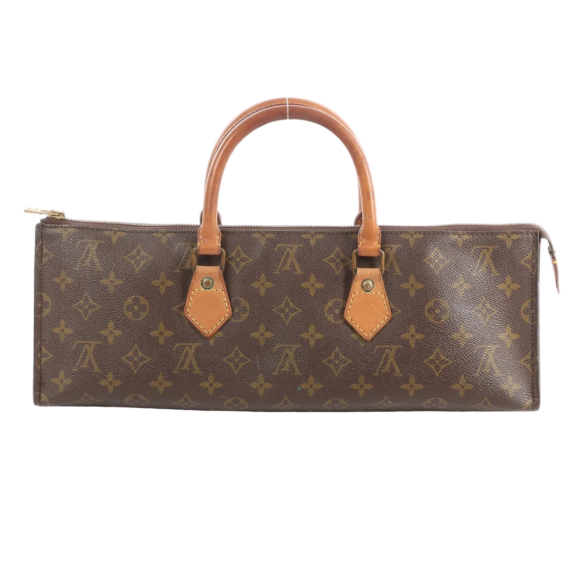 Louis Vuitton Sac Triangle brown monogram canvas handbag with zip-top closure and two natural leather top handles on white background