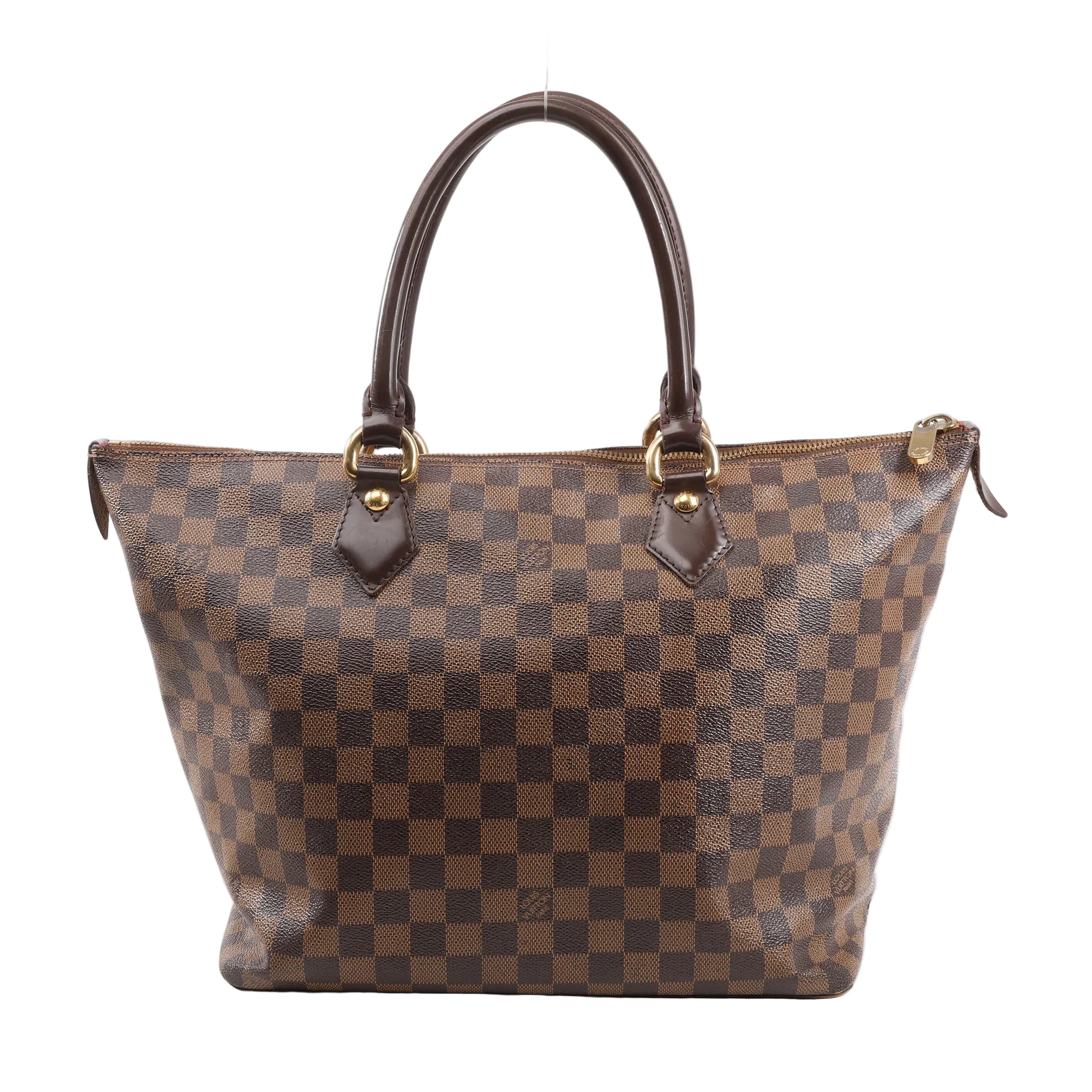 Louis Vuitton Damier Ebene Saleya MM handbag in brown featuring checkered coated canvas, rolled leather handles, and gold-tone hardware.