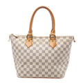 Beige Louis Vuitton Saleya PM Damier Azur shoulder bag with checkerboard canvas, tan leather handles, gold-tone hardware and top zip closure.