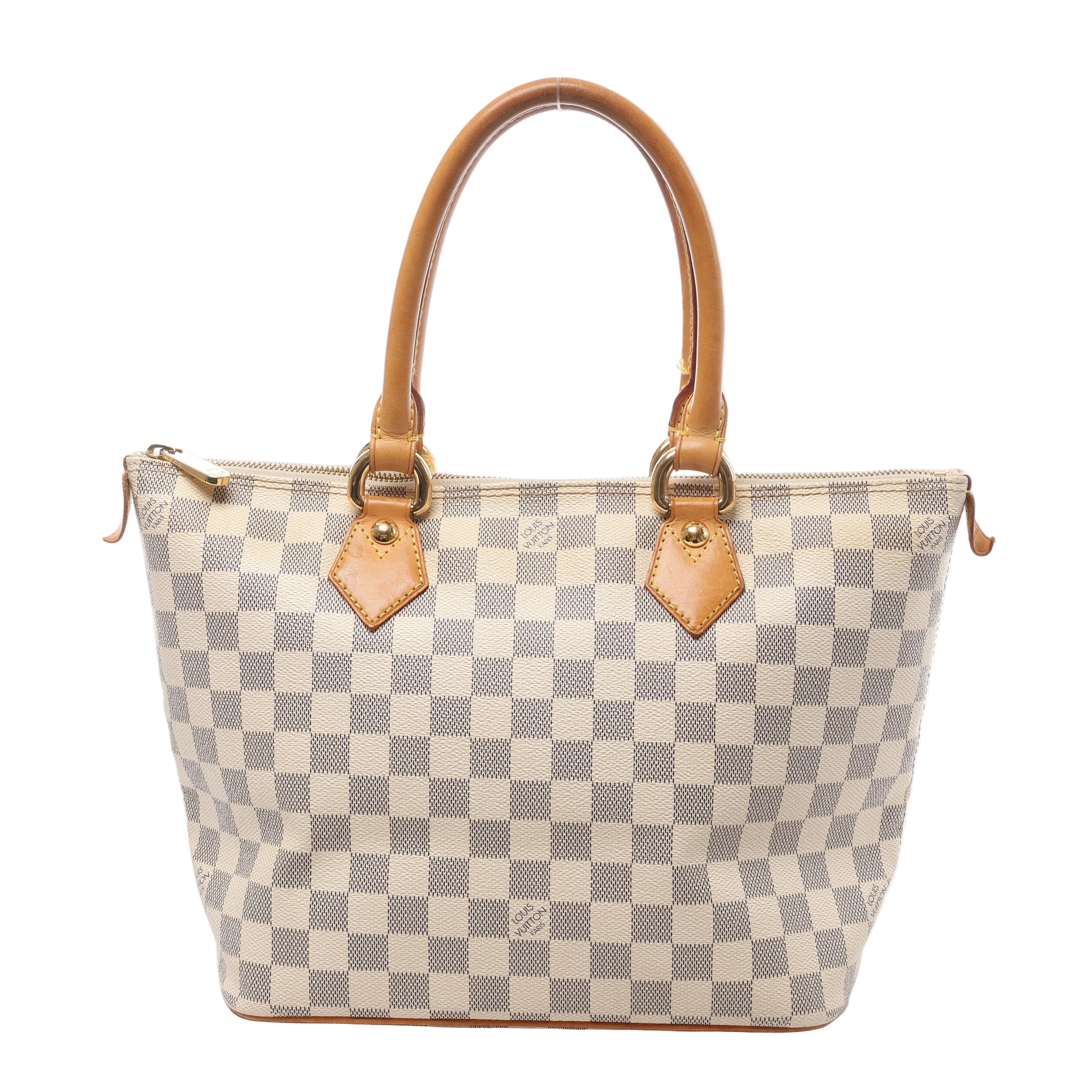 Beige Louis Vuitton Saleya PM Damier Azur shoulder bag with checkerboard canvas, tan leather handles, gold-tone hardware and top zip closure.