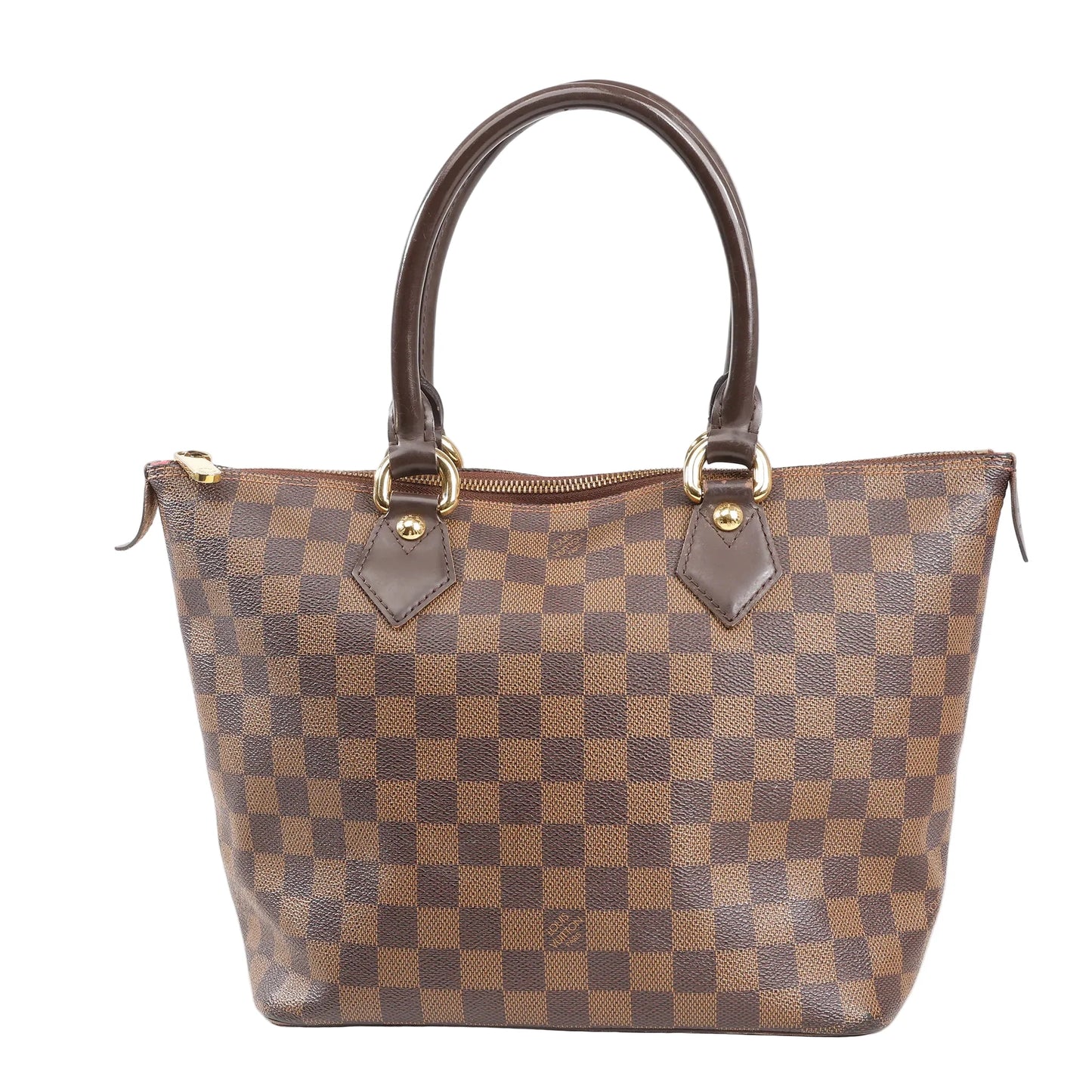 Louis Vuitton Damier Ebene Saleya PM Handbag N51183 in brown checkered coated canvas with dual rolled leather handles, gold-tone hardware, and zip-top closure on a white background.