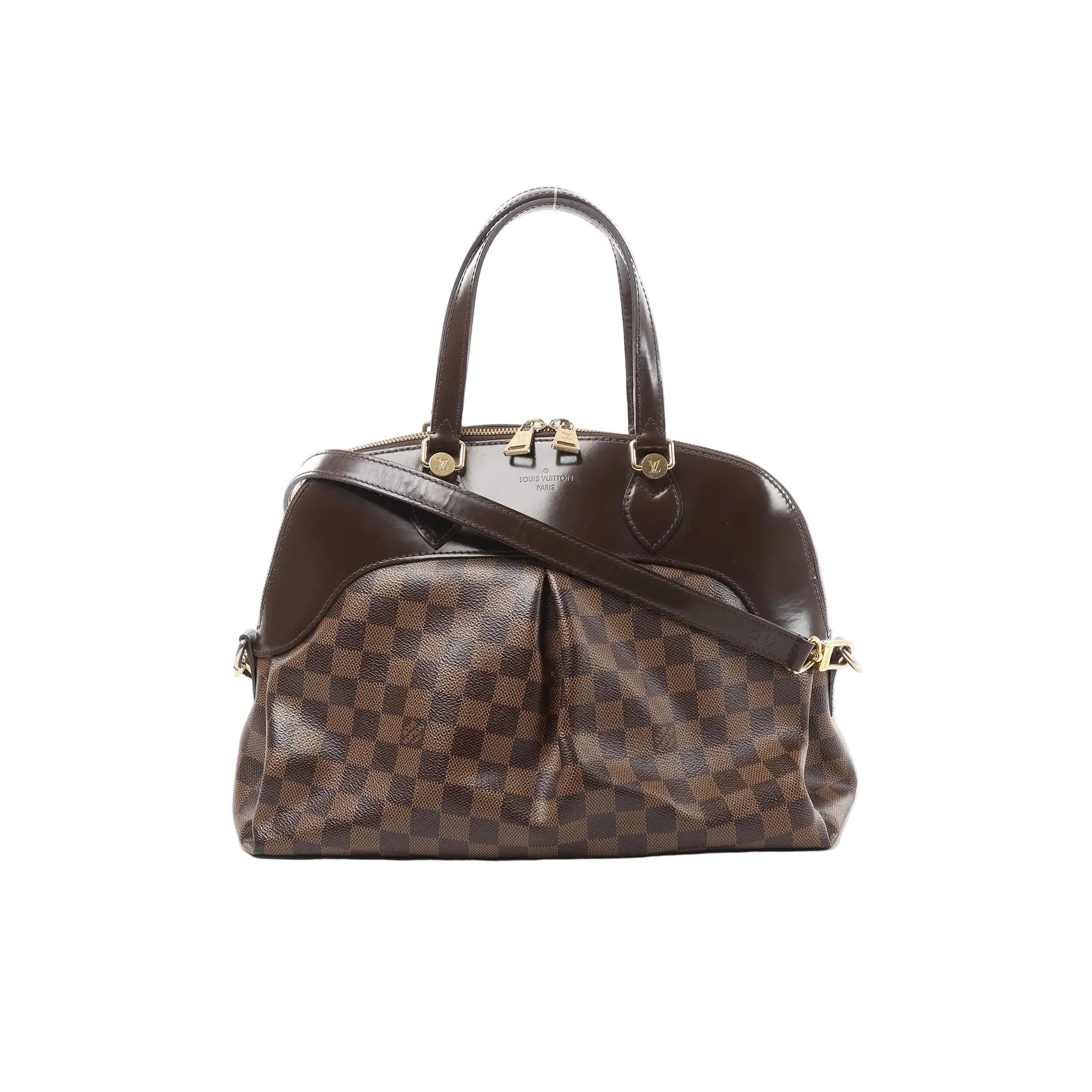 Louis Vuitton Salvi bag in brown Damier Ebene checkered canvas with dark leather top panel and handles, gold-tone double-zip closure, and detachable shoulder strap.