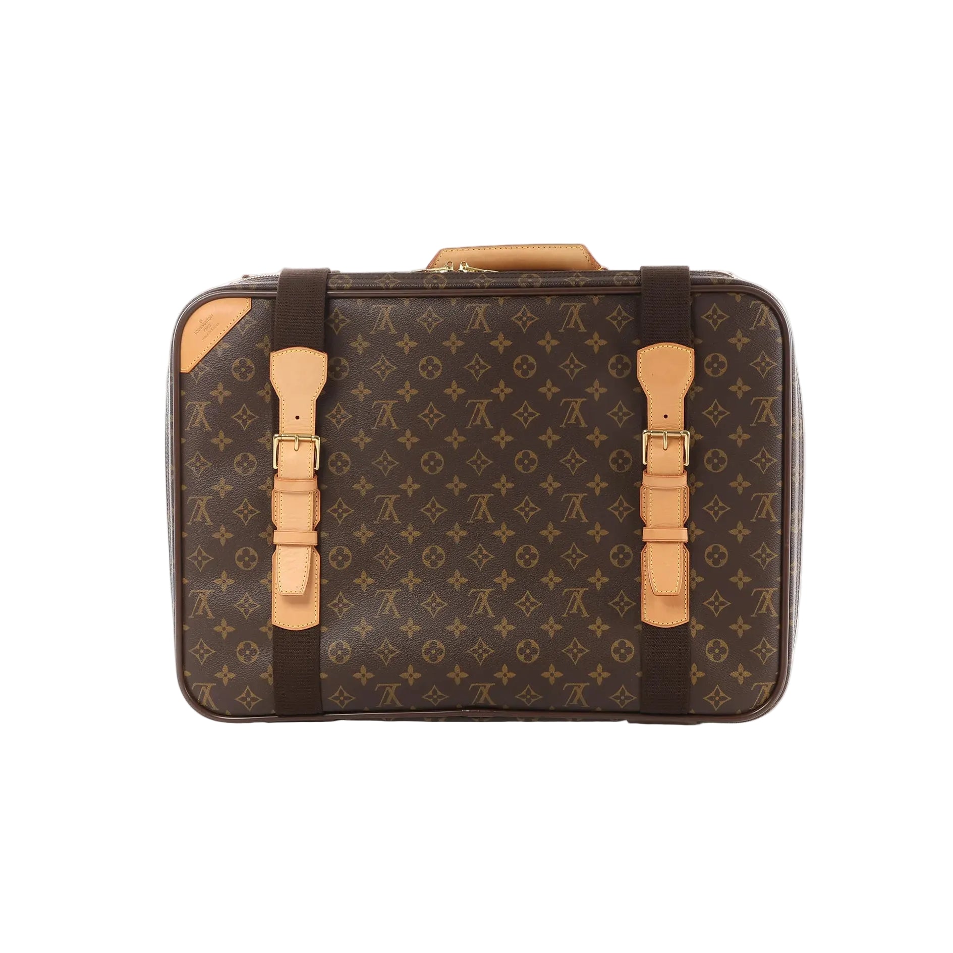 Front view of Louis Vuitton Monogram canvas Satellite 50 travel bag with tan leather buckle straps and dark webbing accents on a white background.