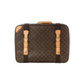 Front view of Louis Vuitton Monogram canvas Satellite 50 travel bag with tan leather buckle straps and dark webbing accents on a white background.