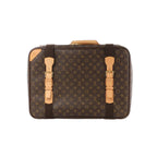 Front view of Louis Vuitton Monogram canvas Satellite 50 travel bag with tan leather buckle straps and dark webbing accents on a white background.