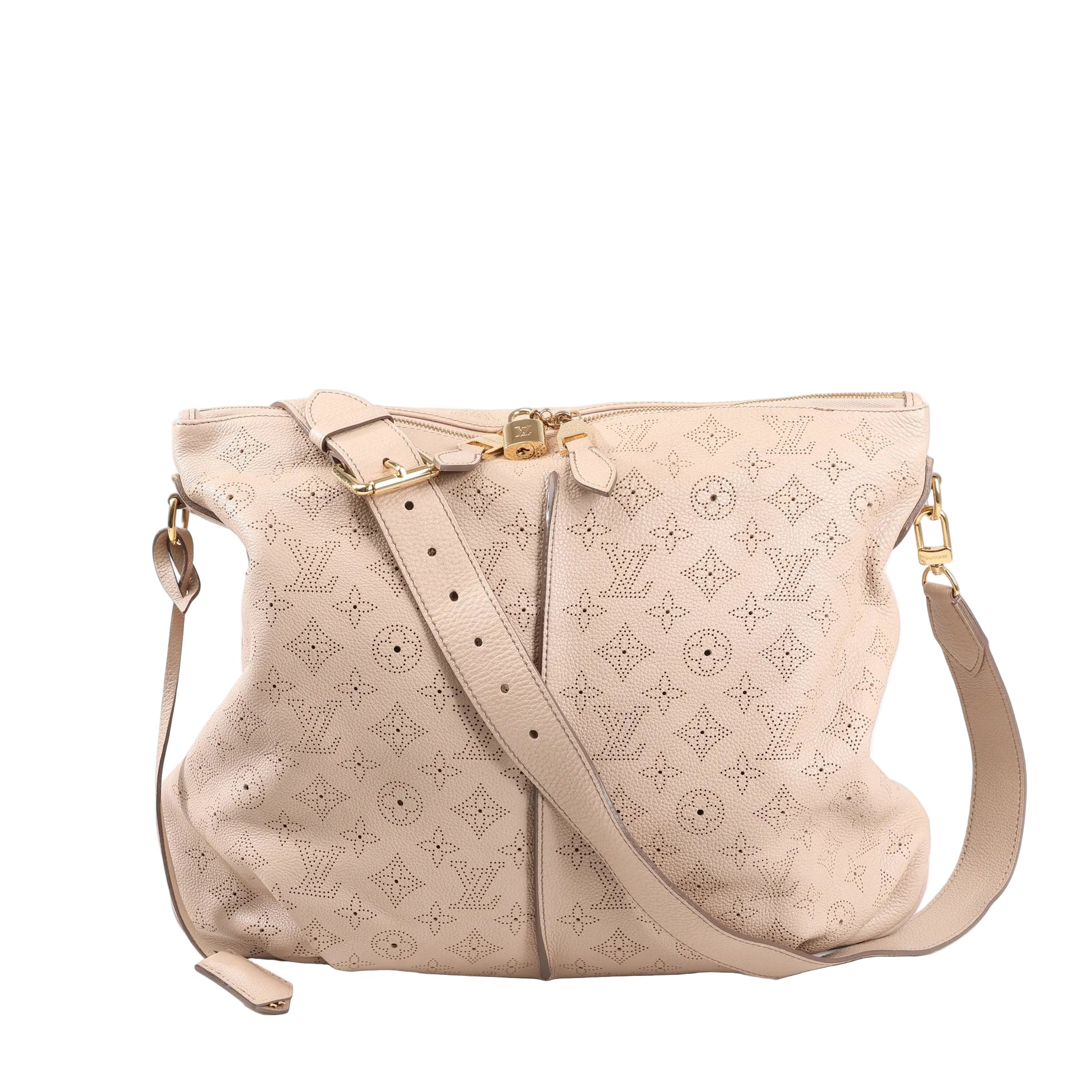 Louis Vuitton Selene MM Shoulder Bag M97141 in beige Mahina leather featuring perforated Monogram pattern, adjustable leather strap, gold-tone hardware, and slouchy silhouette.