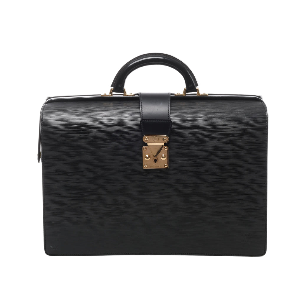 Louis Vuitton Serviette Fermoir Epi leather briefcase with textured finish, rounded top handle and gold-tone push-lock closure.