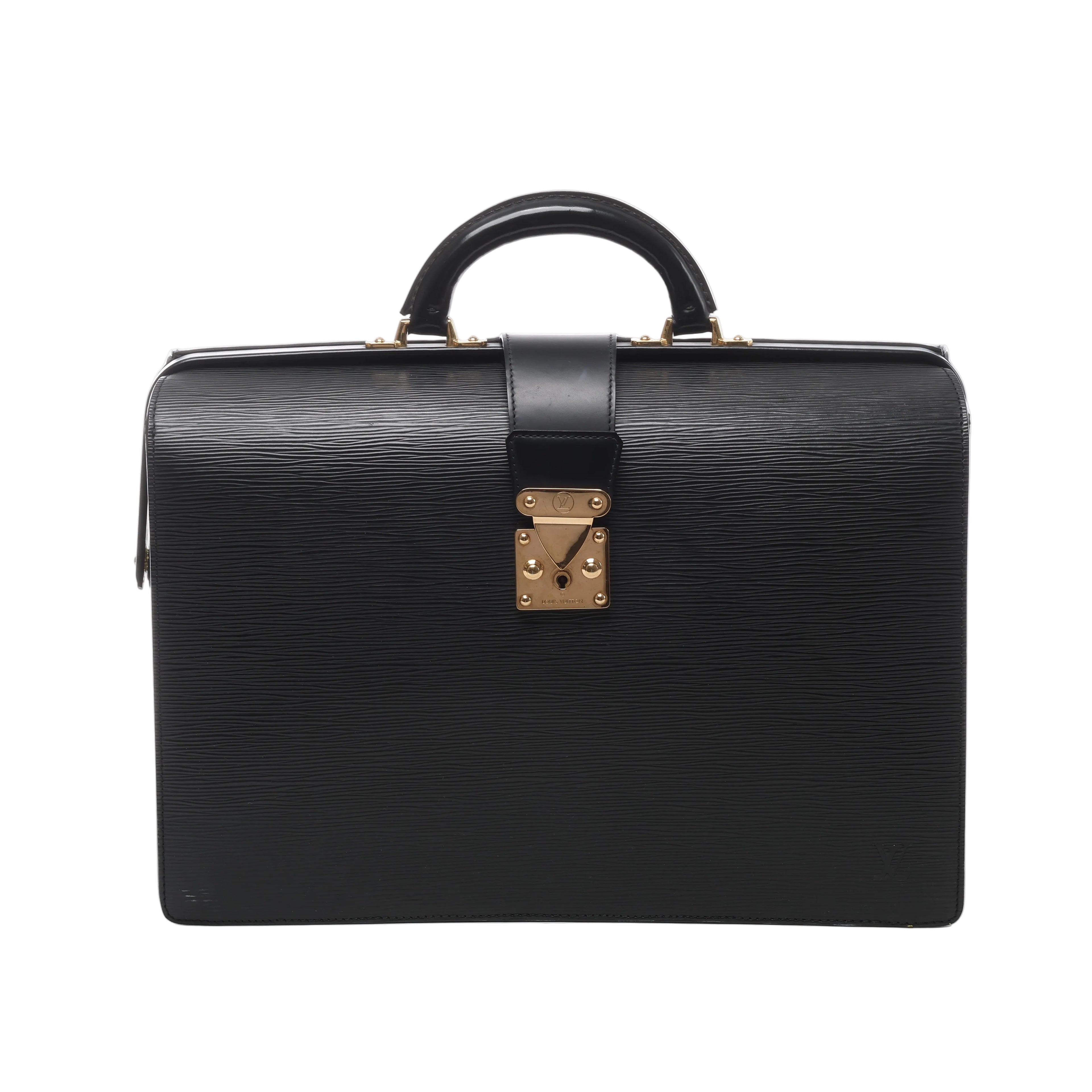 Louis Vuitton Serviette Fermoir Epi leather briefcase with textured finish, rounded top handle and gold-tone push-lock closure.