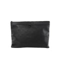 Black Louis Vuitton Monogram Shadow embossed leather clutch pouch with top zip closure and a small D-ring detail, photographed on a white background.