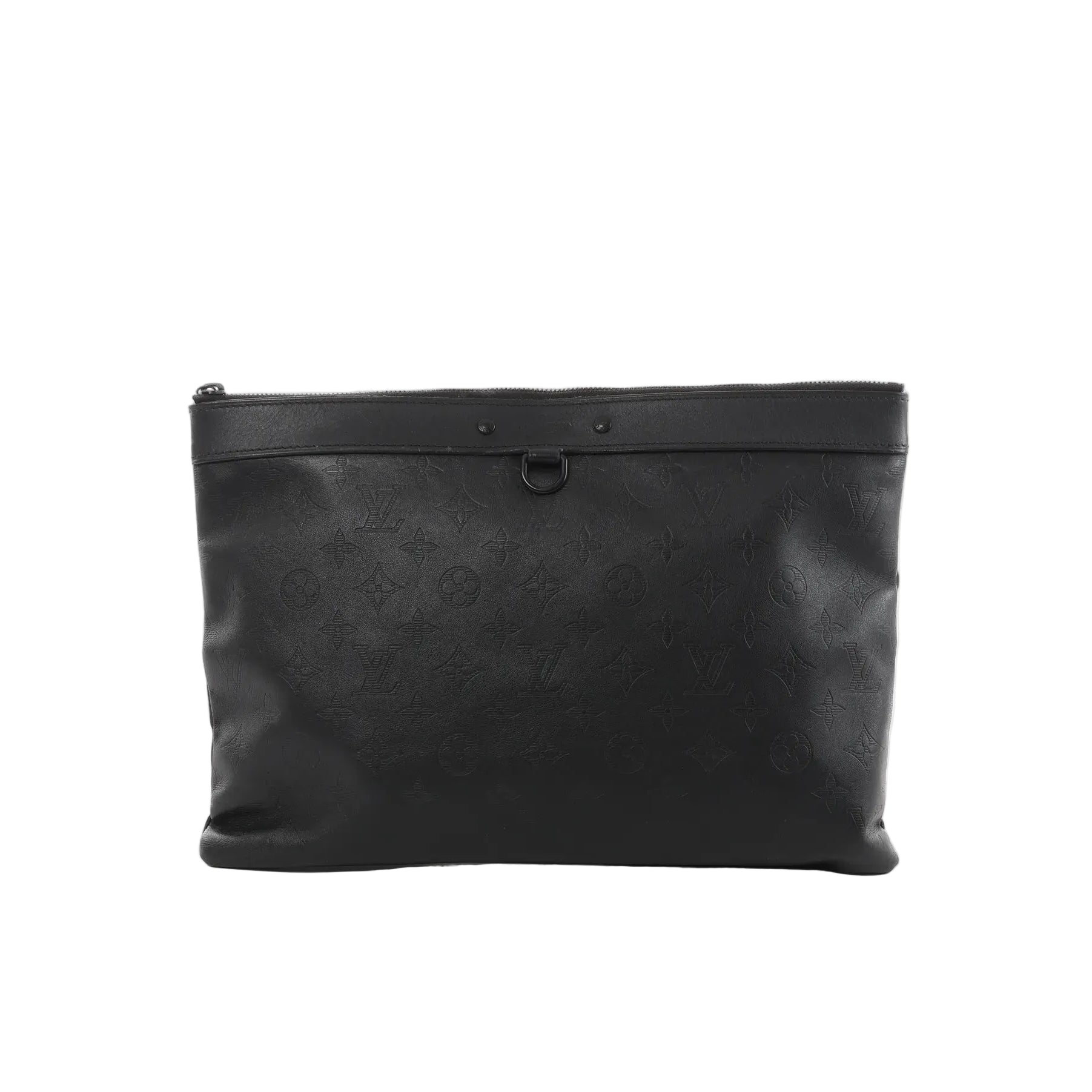 Black Louis Vuitton Monogram Shadow embossed leather clutch pouch with top zip closure and a small D-ring detail, photographed on a white background.