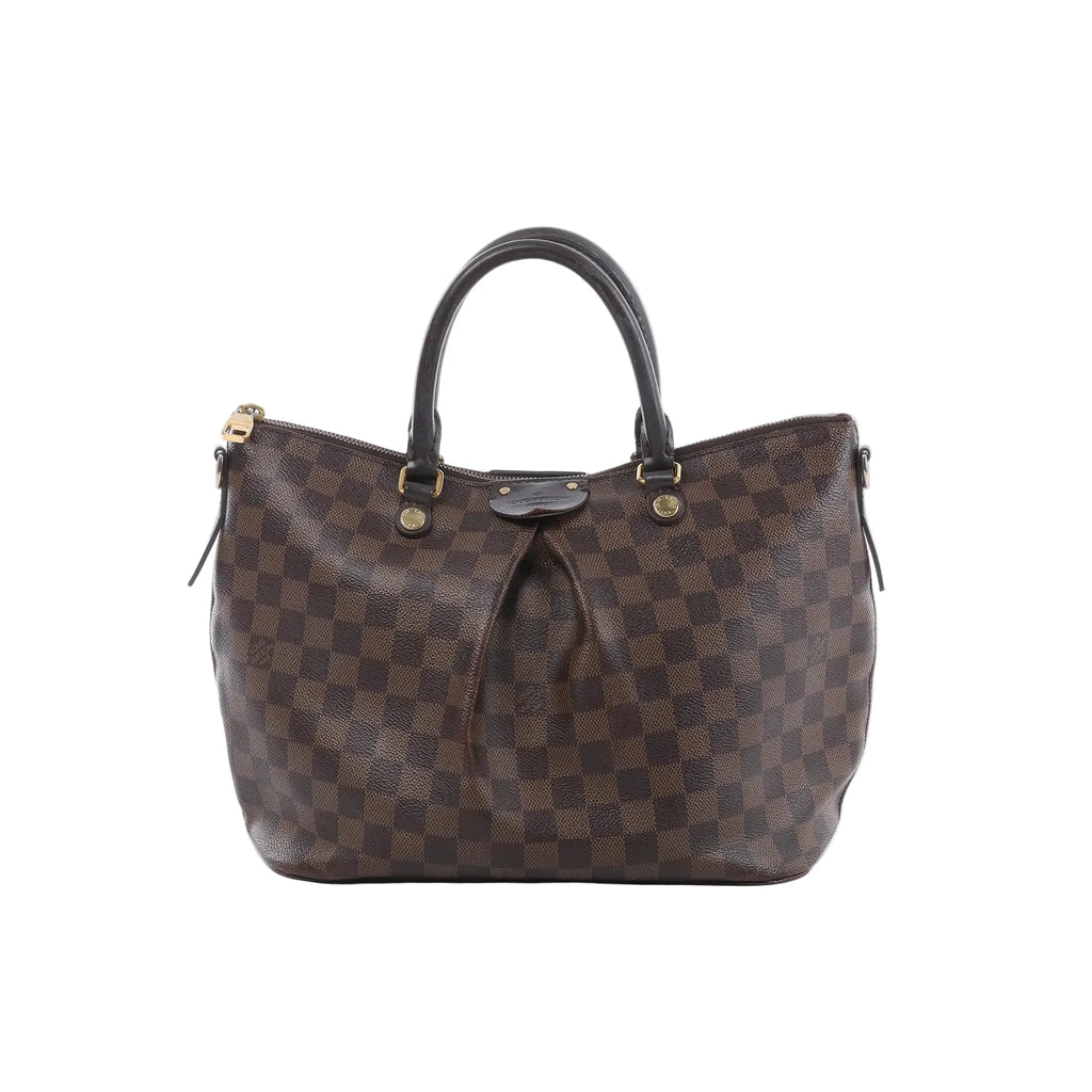 Louis Vuitton Siena MM handbag in brown Damier Ebene canvas with dark rolled handles, gold-tone hardware, top zip and pleated front.