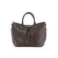 Louis Vuitton Siena MM handbag in brown Damier Ebene canvas with dark rolled handles, gold-tone hardware, top zip and pleated front.